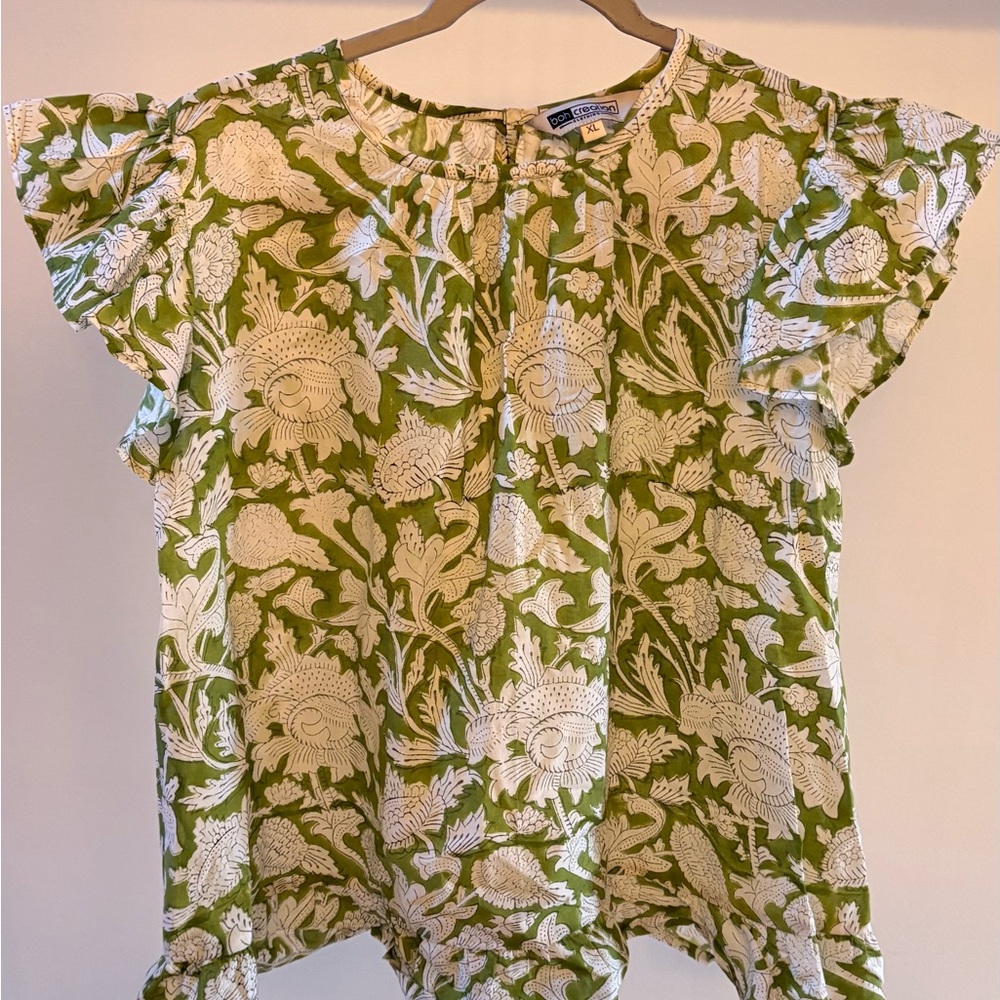 Floral Green Blouse with Ruffle Sleeves